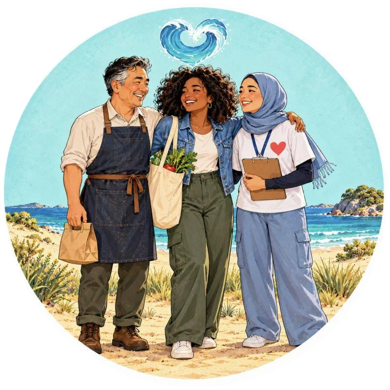 A shop owner, a shopper and a charity worker standing together